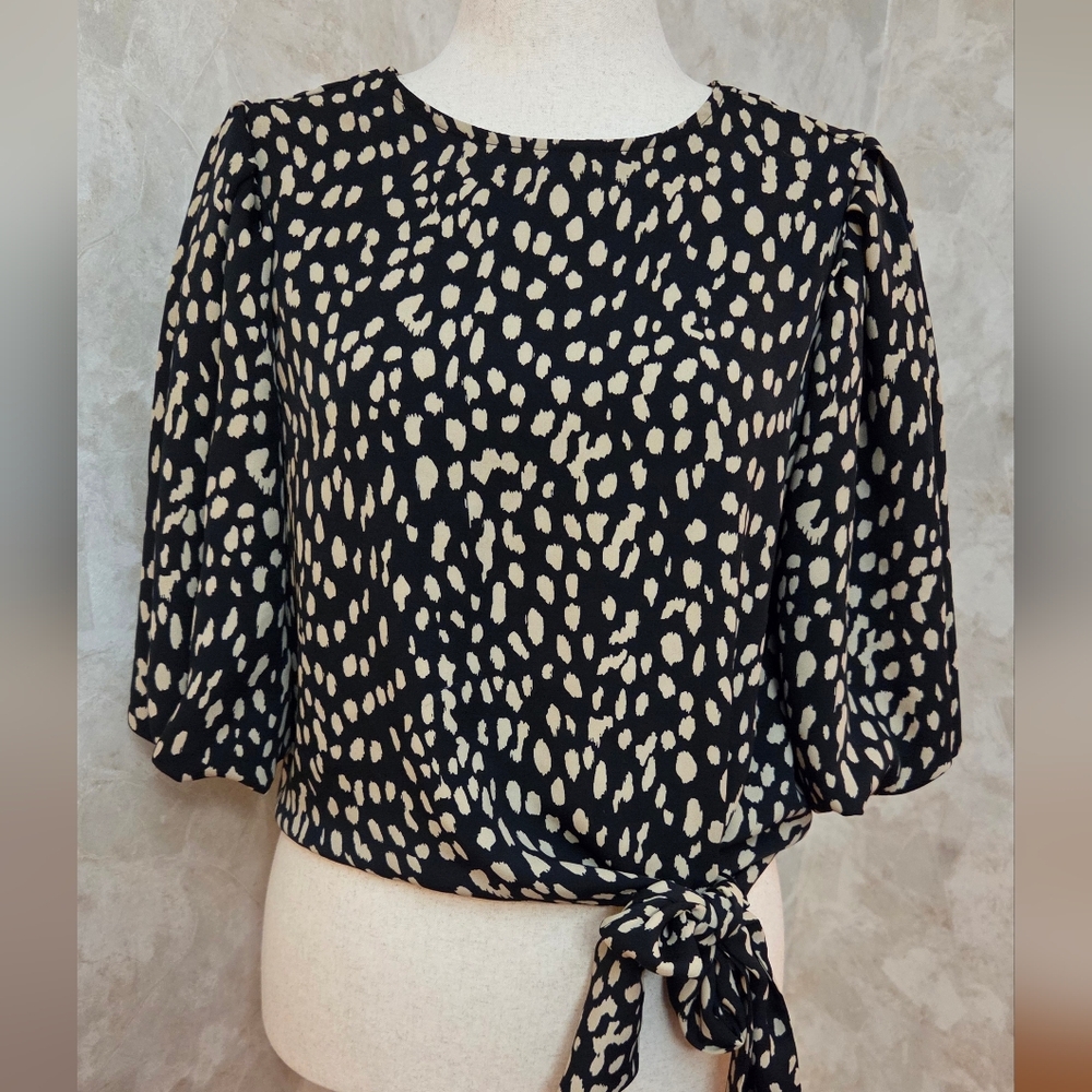 Vince Camuto Animal Print Tie Waist Blouse Black Cream Balloon Sleeve M